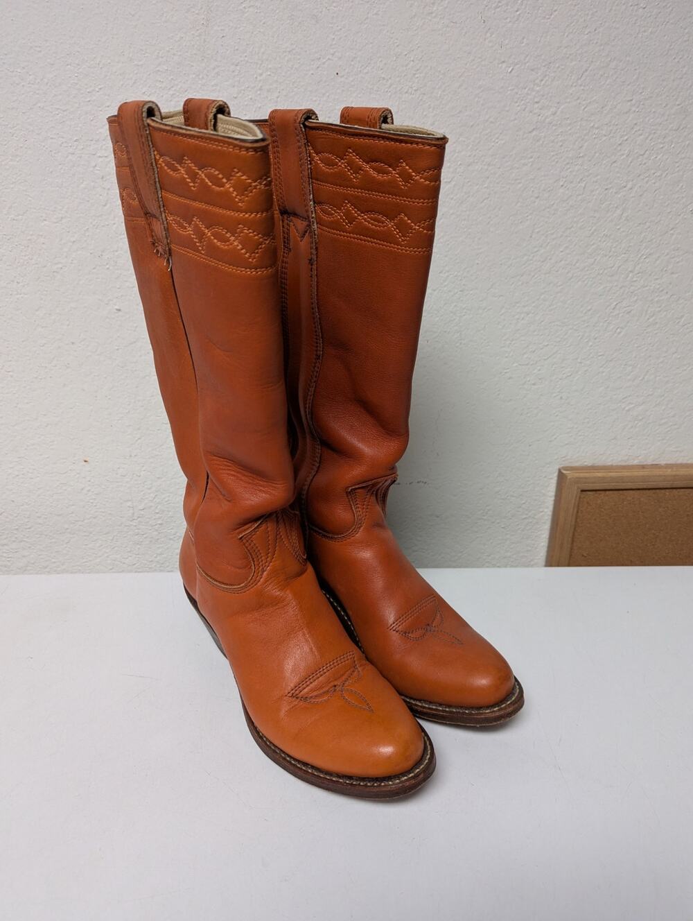 Stewart Vintage 1977 Leather Cowboy Boots Men's Size 6.5D Tan 15.5" tall